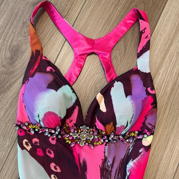 Pink Purple Colorful Abstract Embellished Gown Maxi Prom Dress - Picture 14 of 16